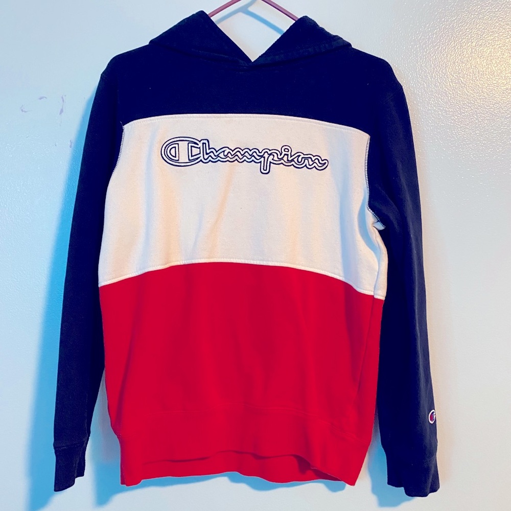 champion hoodie colorblock red white and blue